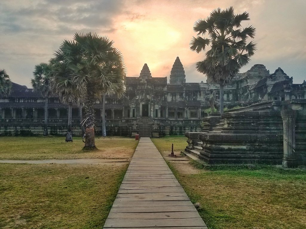 Inside Angkor Wat at sunrise