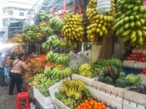 fresh tropical fruit hanging in a street market in Cambodia