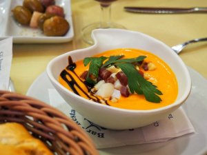 Eating Seville salmorejo Andalusian soup