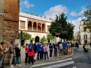 tourist crowds line Seville Spain