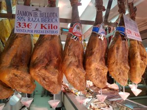 legs of jamon hanging in a Madrid shop