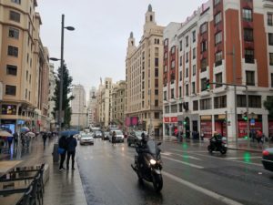 Busy Street, rainy day, Madrid Spain