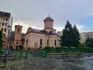 Romanian Orthodox style Annunciation Church of Saint Anthony at Curtea Veche in Old Town Bucharest Romania on a cloudy day