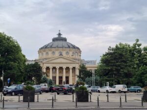 Exterior of Romanian Athenaeum from across the street in Bucharest, a theater in the neoclassical design