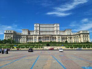 View of the front of Romanian Palace of the Parliament, a huge building in a style that combines neoclassical and communist architecture