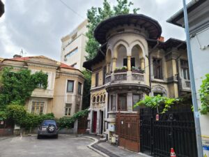 Classic Romanian style house with fancy balcony and roof