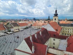 Aerial view of Sibiu old town. The history of Hermannstadt reaches