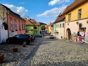 Empty street no crowds in Historic Center of Sighisoara Romania