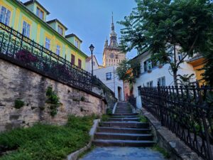 steps leading up to Turnul cu Ceas, the medieval Clock Tower and top travel attraction, in Sighisoara