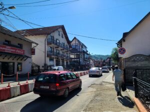 Bran Romania Main Street with hotels and traffic