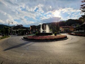 Sinaia City Center Roundabout with restaurants and shops