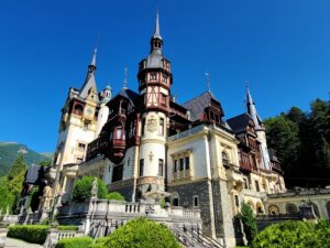 Exterior view of Peles Castle in Romania from the gardens