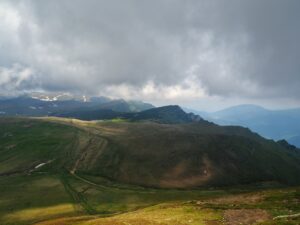 view from the Bucegi Mountains in the Romanian Carpathians above Sinaia