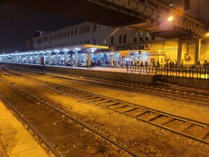 platform and tracks at night at Cairo Ramses Train station