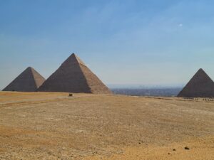 Pyramids of Giza in Egypt from a viewpoint far away