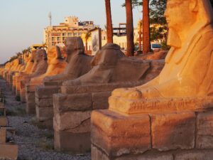 Avenue of Sphinxes in Luxor Egypt illuminated by the sunset