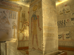 Colorful art and hieroglyphics in Tomb KV9 at the Valley of the Kings in Egypt