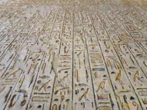 Wall of ancient Hieroglyphics in a tomb at the Valley of the Kings