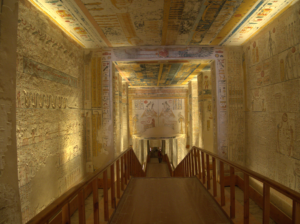 Entrance chamber of tomb KV9, the tomb of Rameses V and Rameses VI at the Valley of the Kings in Egypt with colorful ancient art and inscriptions on the walls