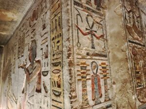 Detailed decorations of Tomb of Rameses III at the Valley of the Kings in Egypt