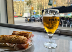 bocadillo and Estrella beer in a Barcelona cafe