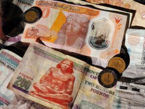 pile of Egyptian pound currency notes and coins